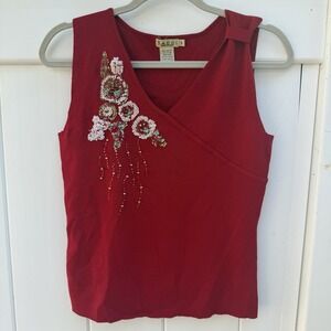 Vintage Y2K 90s Knit‎ Tank Top Small Beaded Floral Asymmetrical Sequin Holiday